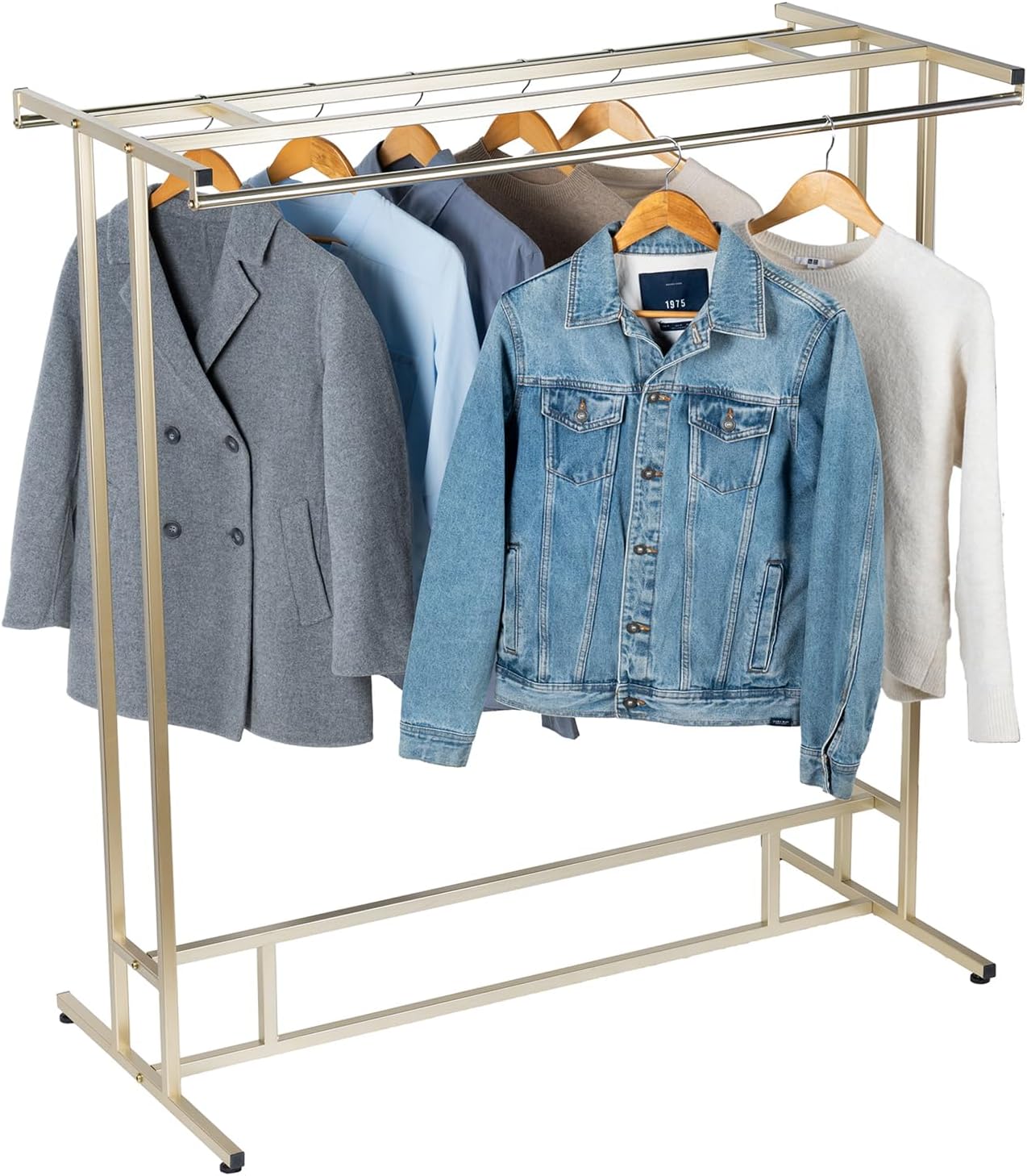 MyGift 4ft Tall Brass Tone Stainless Steel Freestanding Garment Rack, Heavy Duty Double Rod Clothes