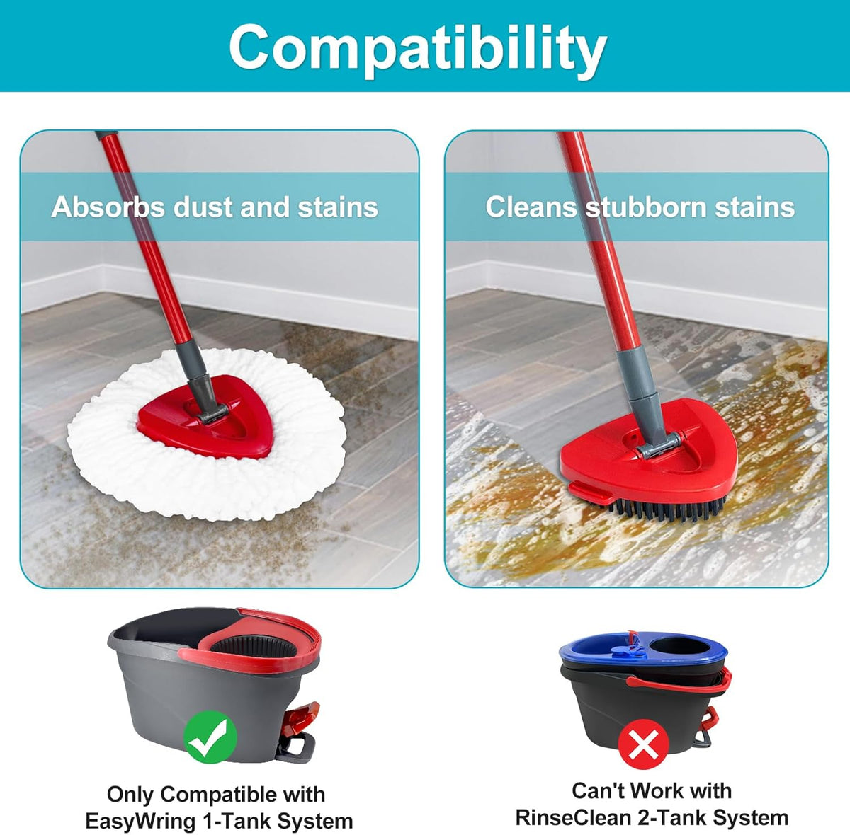 Spin Mop Replace Head, Base, Mop Handle Replacement for OCedar EasyWring 1 Tank System, Include 2