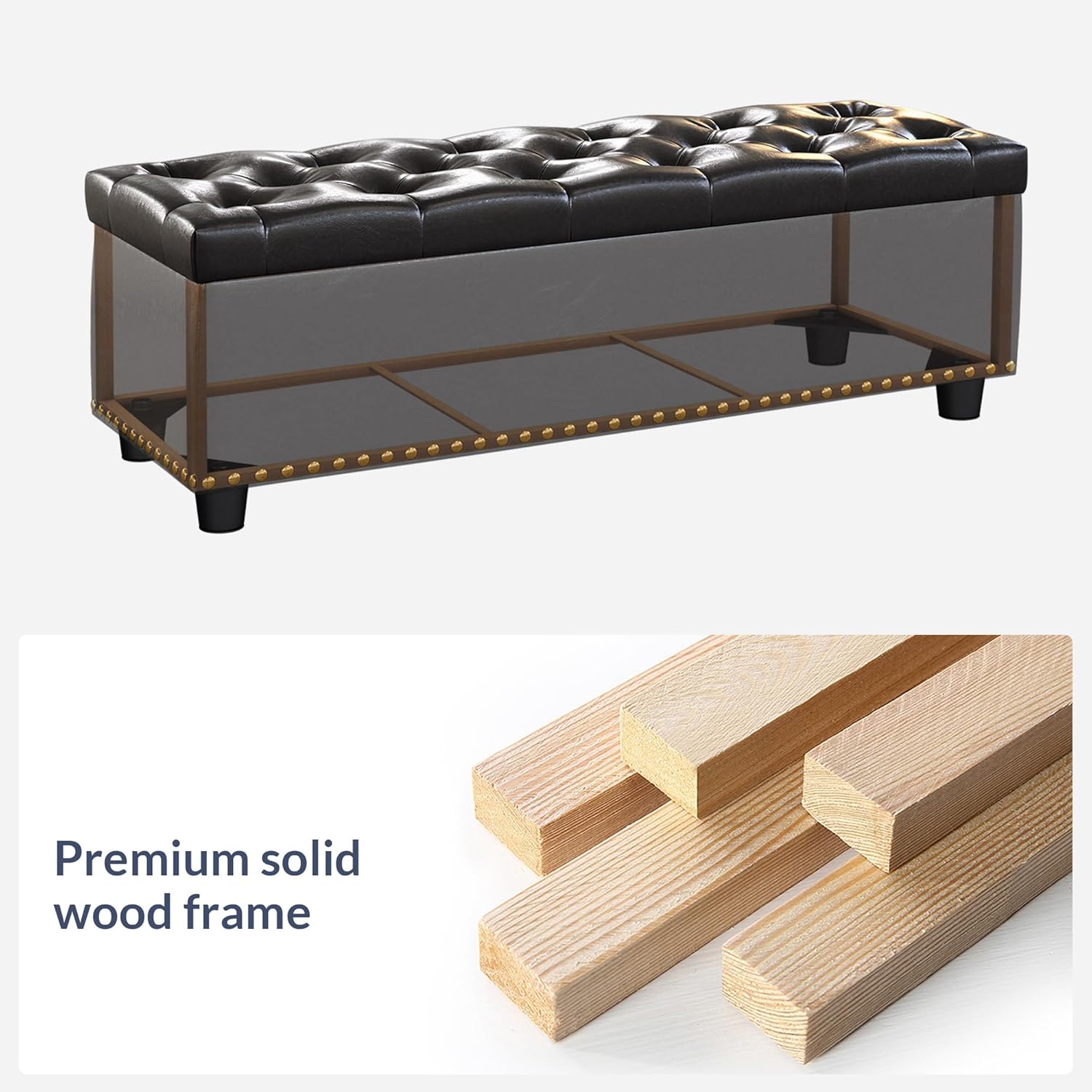 BELLEZE 47" Storage Ottoman, Storage Bench with Safety Close Hinge, Faux Leather Button-Tufted