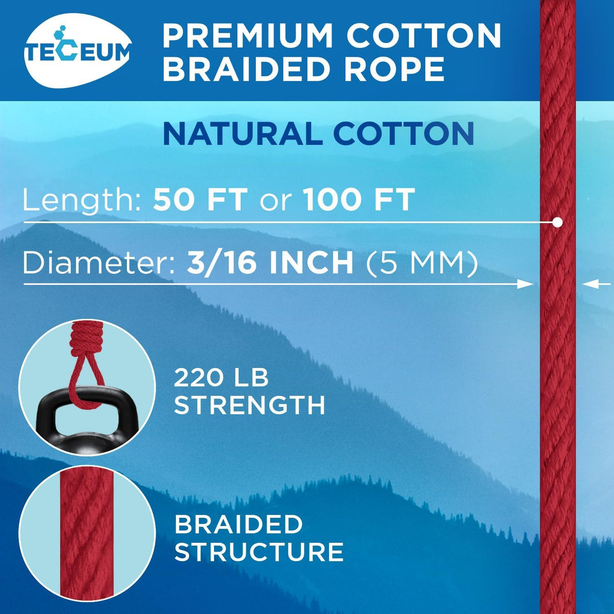 TECEUM Cotton Rope 3/16” (5 mm) – 100 FT – Strong All-Purpose Braided Rope – Natural Cotton – for