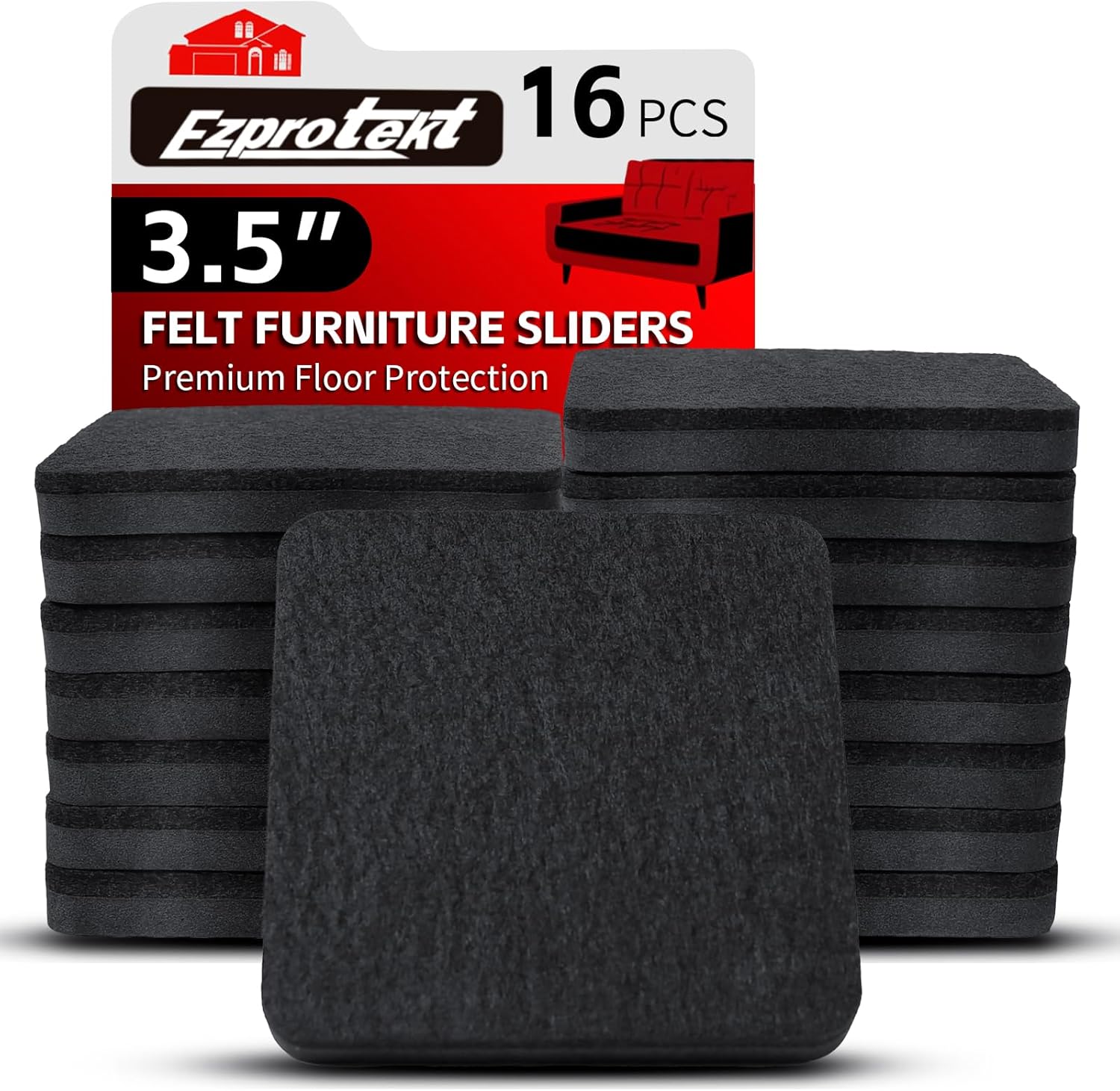Ezprotekt 3.5" Felt Furniture Movers Sliders for Hardwood & Vinyl Floors, 16 Pcs Square Reusable