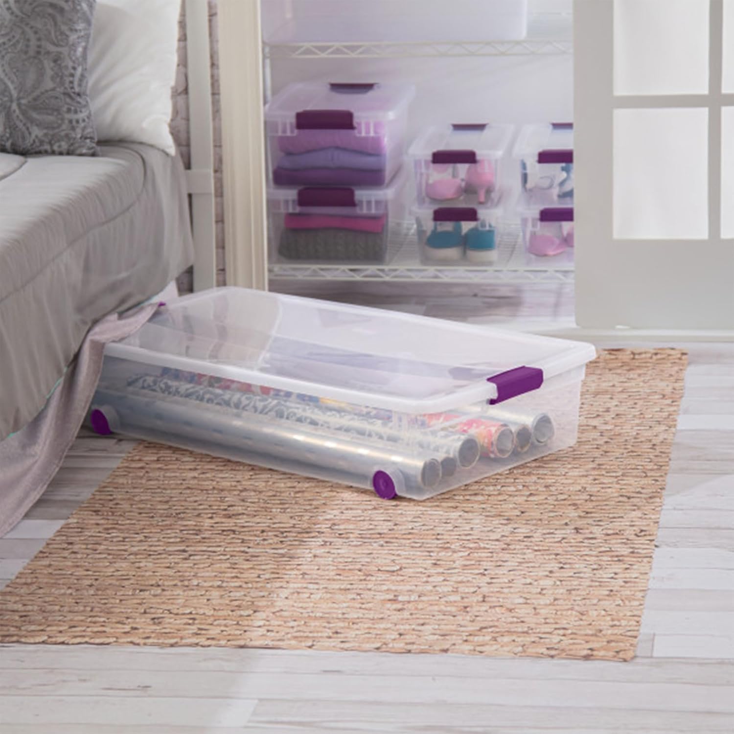 Sterilite 8-Pack 60 Quart ClearView Latch Box, Wheeled Underbed Organizer Bins with Latching Lids