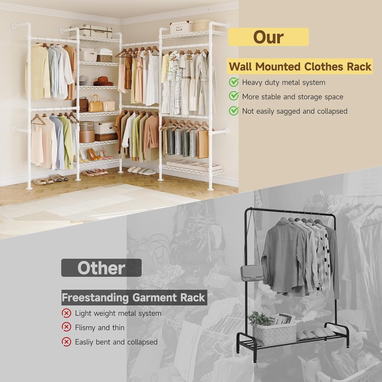 ONBRILL L4 Wall Mounted Industrial Pipe Clothing Rack, Closet Organizer System with 6 Hanging