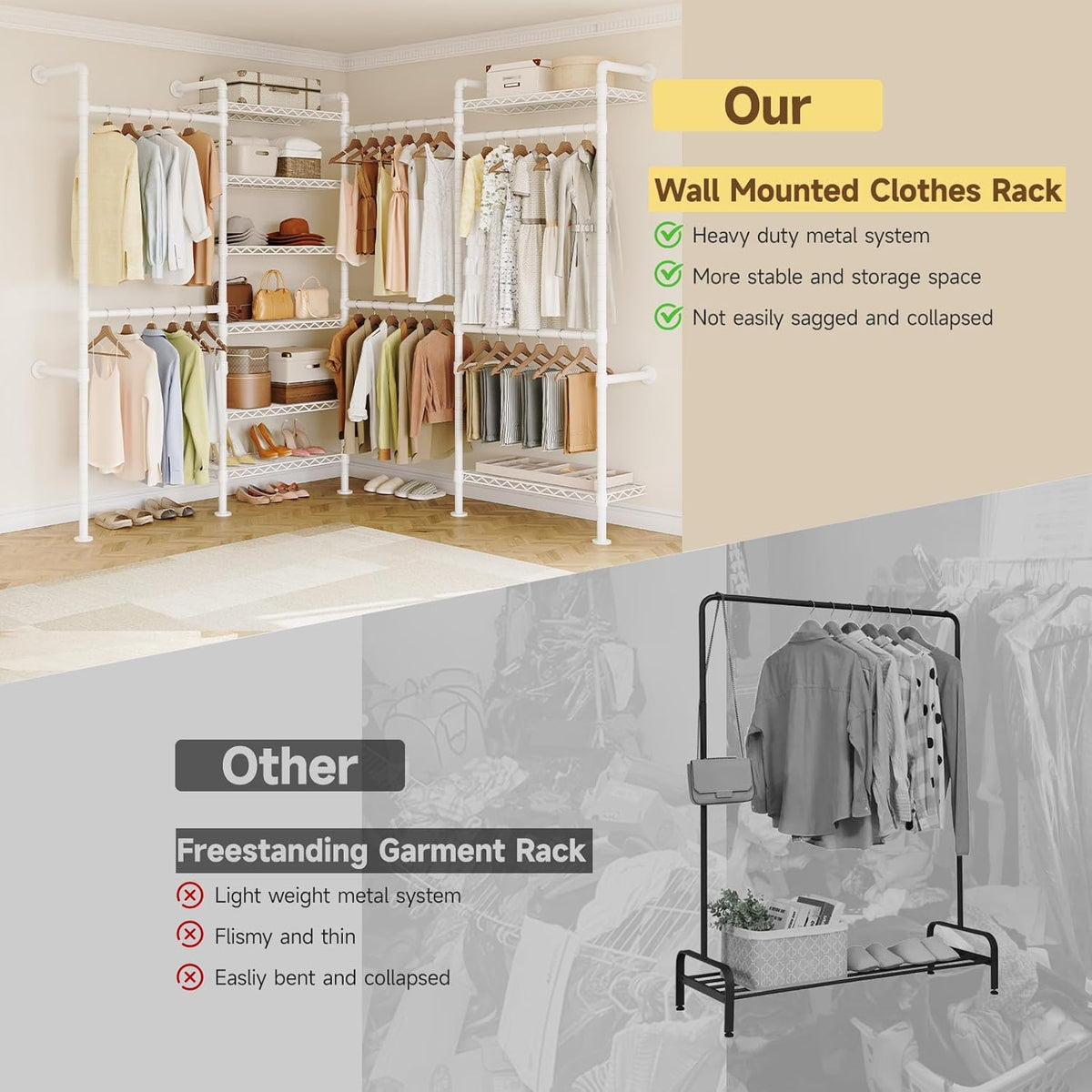 ONBRILL L4 Wall Mounted Industrial Pipe Clothing Rack, Closet Organizer System with 6 Hanging