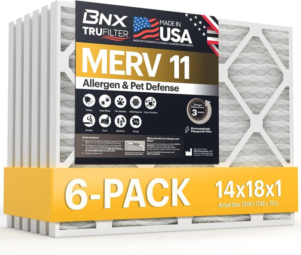 BNX TruFilter 14x18x1 Air Filter MERV 11 (6-Pack) - MADE IN USA - Allergen Defense Electrostatic