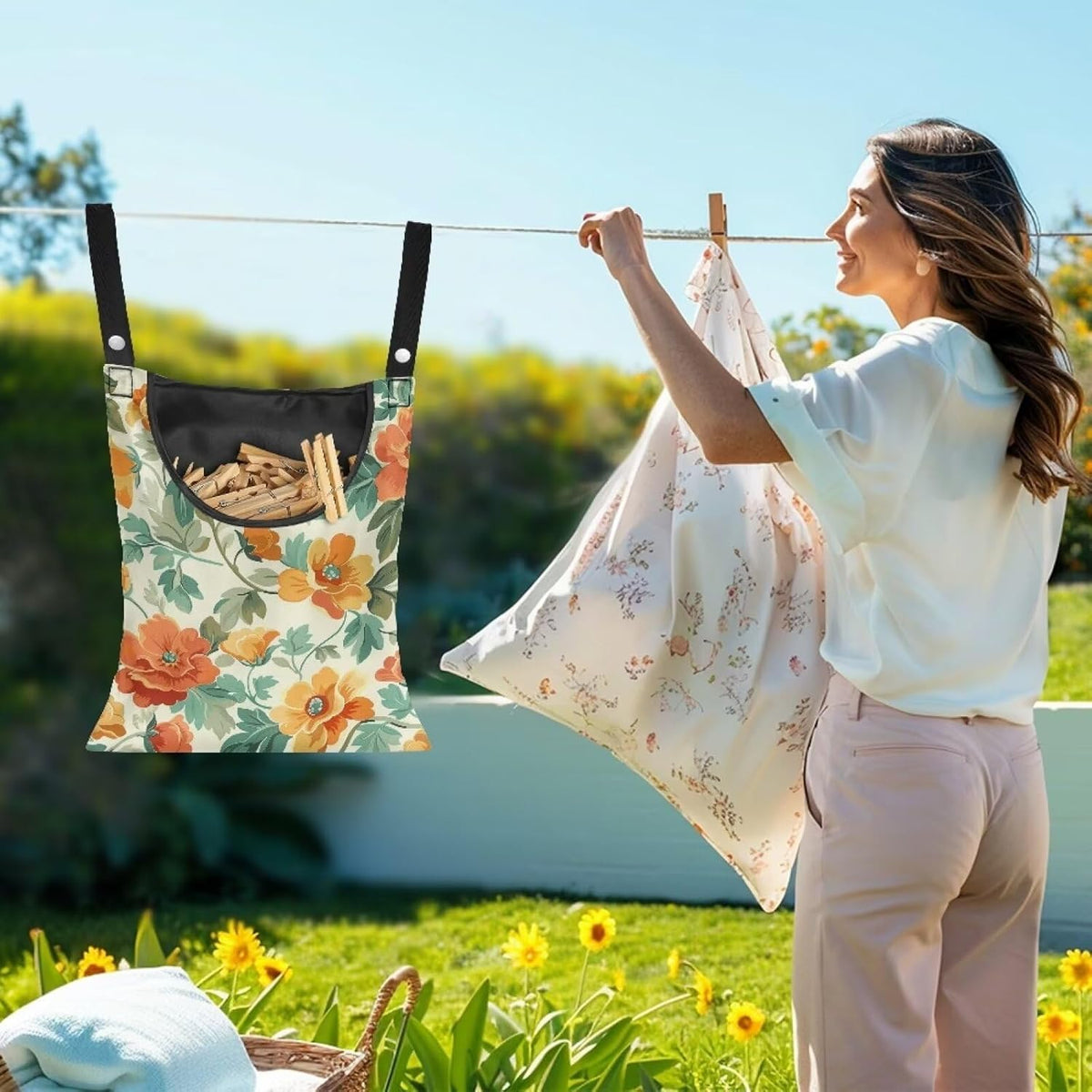Art Flower Clothespin Bag Clothes Pin Hanging Bag Clothespin Bag with Hanging Hook 12 x 14.6 Inch