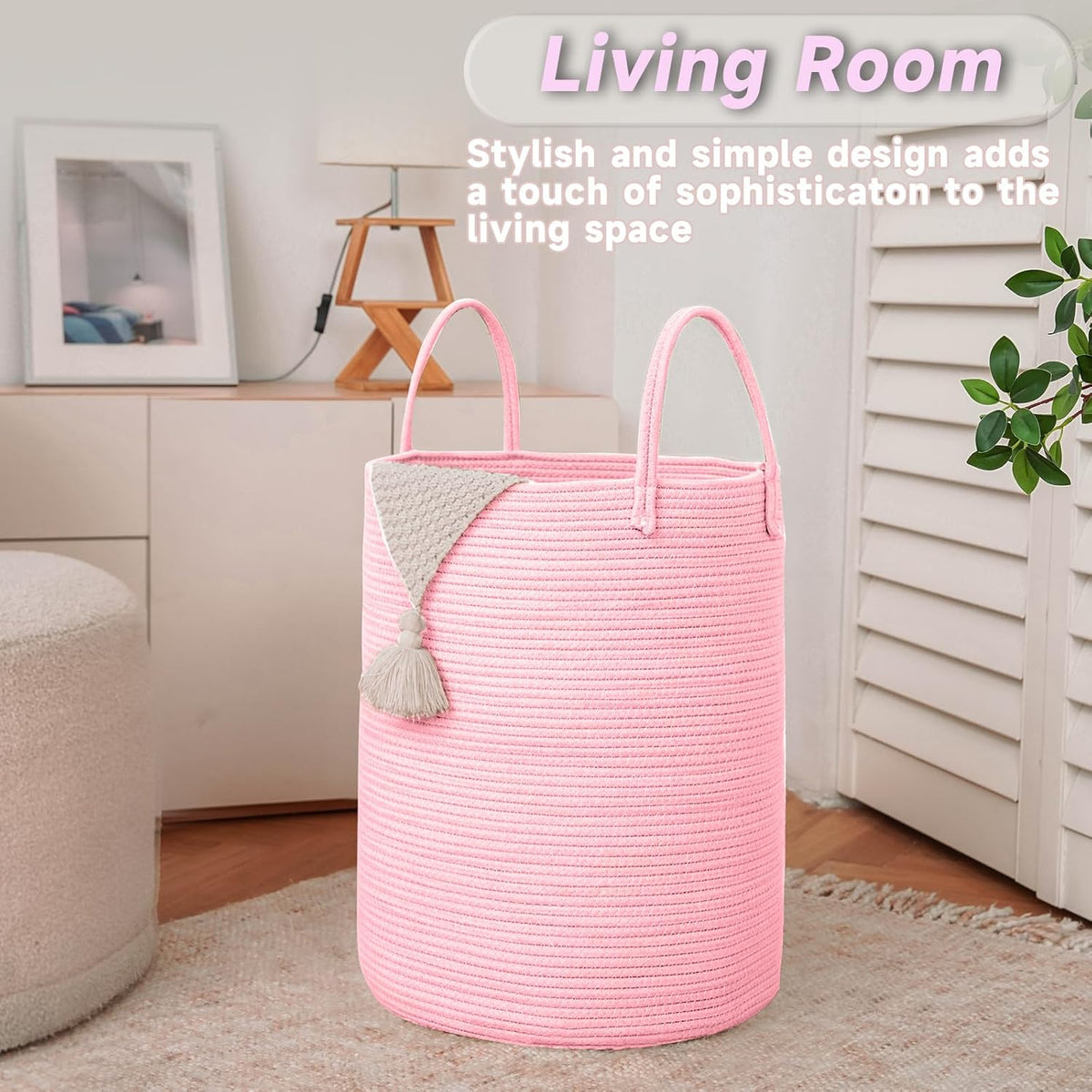 Large Woven Laundry Basket Hamper,60L Cotton Rope Storage Bin for Blankets,Toys and