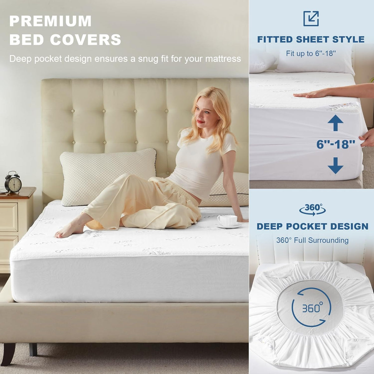 Waterproof Queen Size Mattress Protector, Mattress Pad Fitted 6"-18" Deep Pocket, 3D Air Fabric Bed