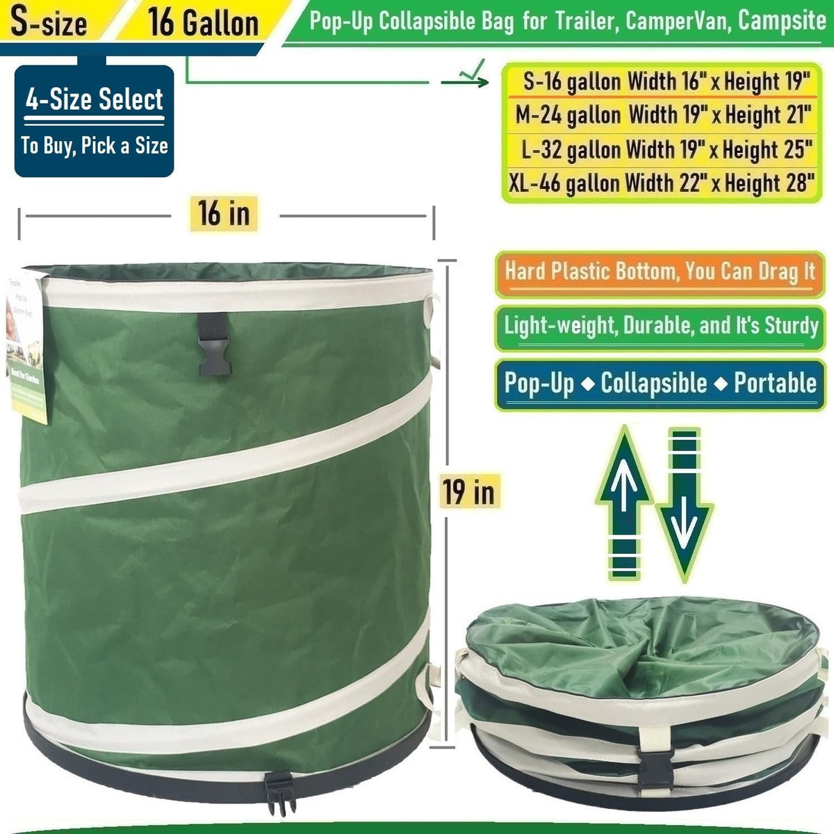 16-Gallon Collapsible Trash Can (16x19 in) Hard-Shell Bottom Yard Garden Bag for Pop-Up Trash