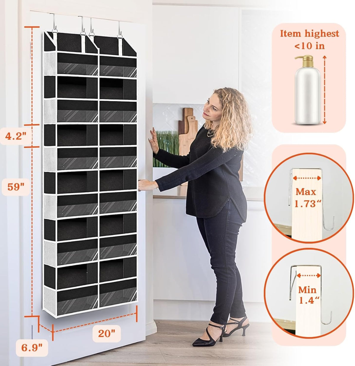 Over The Door Organizer 6 Tiers, Extra Large Behind Door Storage of 12 Compartments, 80 lbs Weight