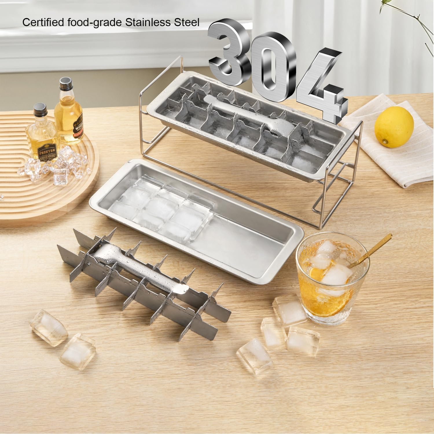 Stainless Steel Ice Cube Tray 2 Pack, 36 Large Cube Slots. Plastic Free Eco Friendly Freezer Mold