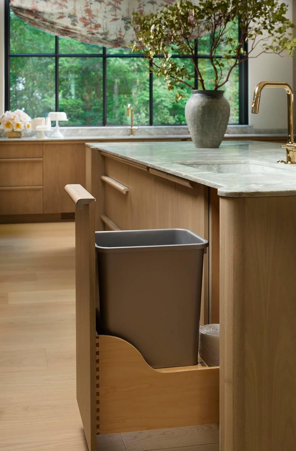 Rev-A-Shelf Pullout Trash Can for Kitchen Cabinet, Single 50 Qt Bin with 12" Wood Frame - Large