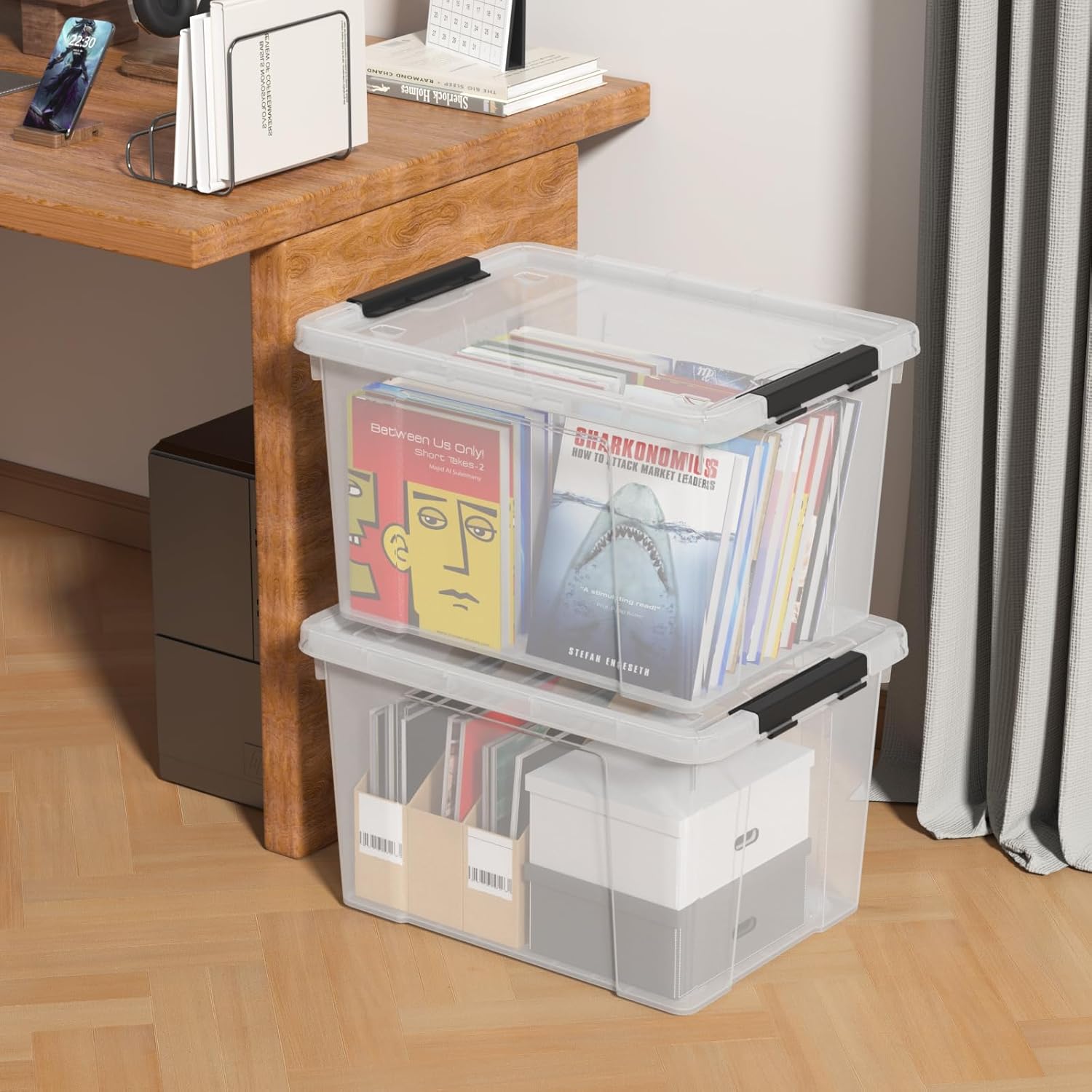 35 Quart Latching Storage Box with Wheels, See-Through Base Plastic Container Bins with Secure
