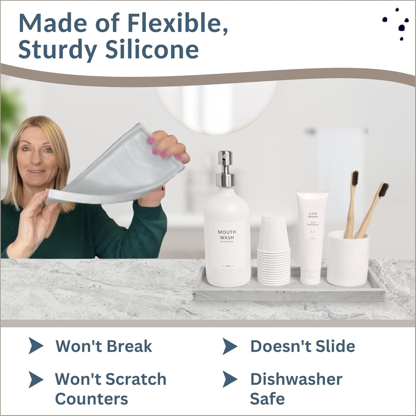 Countertop and Vanity Tray - 11.7" Silicone Bathroom Tray Countertop, Dish Soap Trays for Kitchen