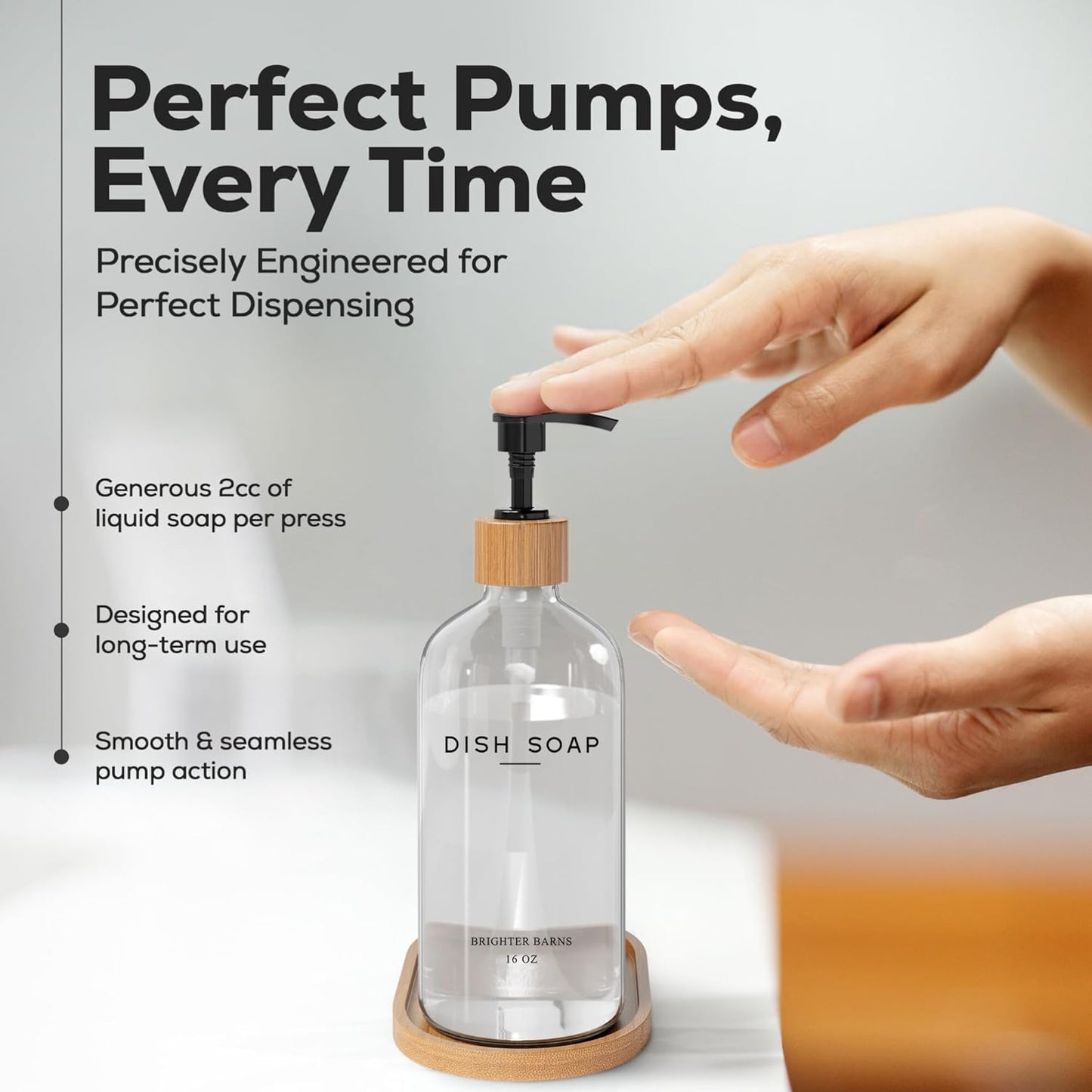 Clear Glass Dish Soap Dispenser by Brighter Barns - Kitchen Sink Set With Bamboo Tray - Modern