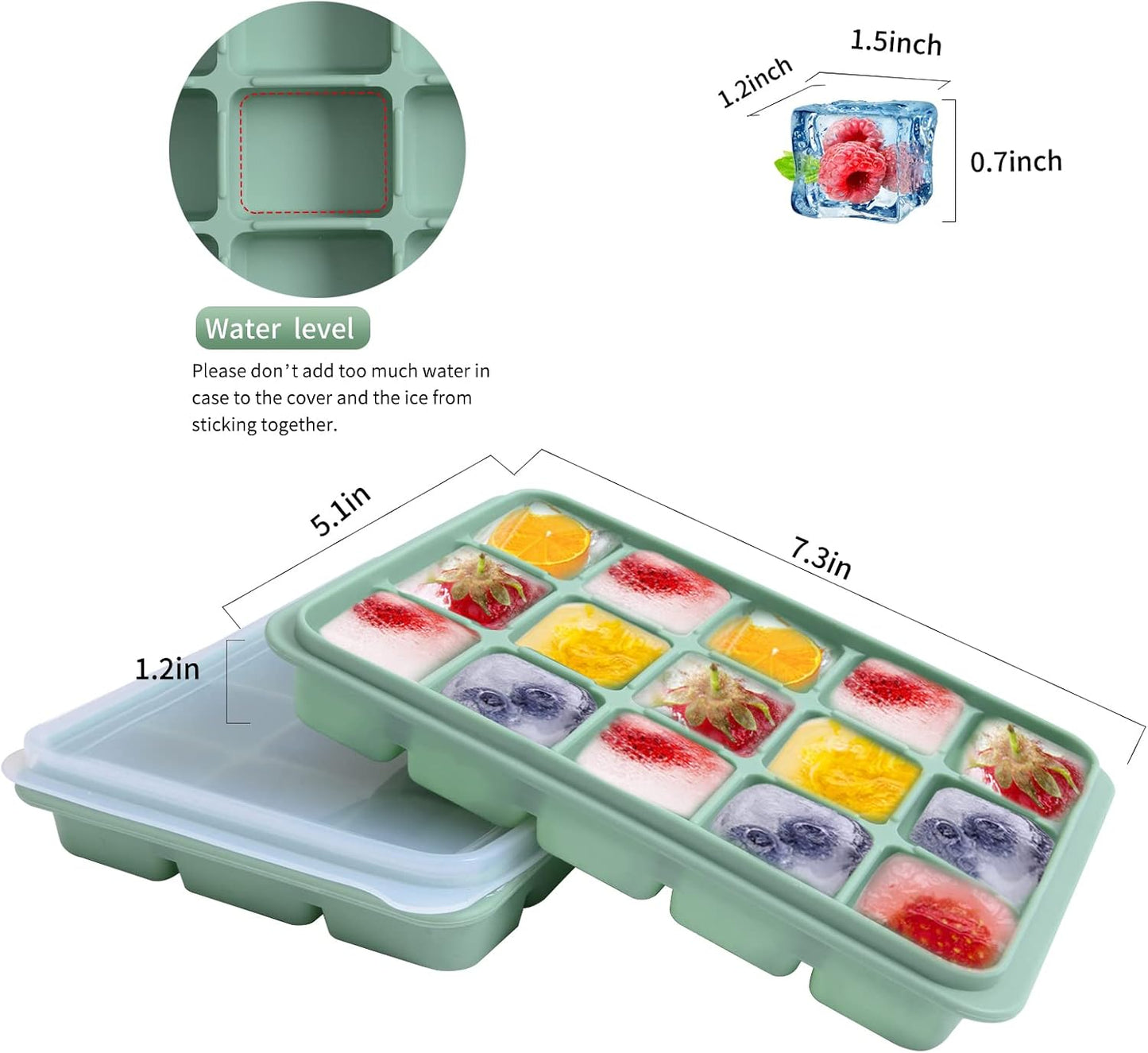 Ice Cube Trays Set of 2, Easy Release 15 Flexible Silicone Ice Cube Molds with Removable Lid