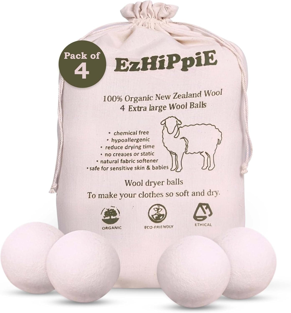 Ezhippie Quality Wool Dryer Balls - 4 XL Pack - 1000+ Loads - Pure Organic Wool - Reusable Natural