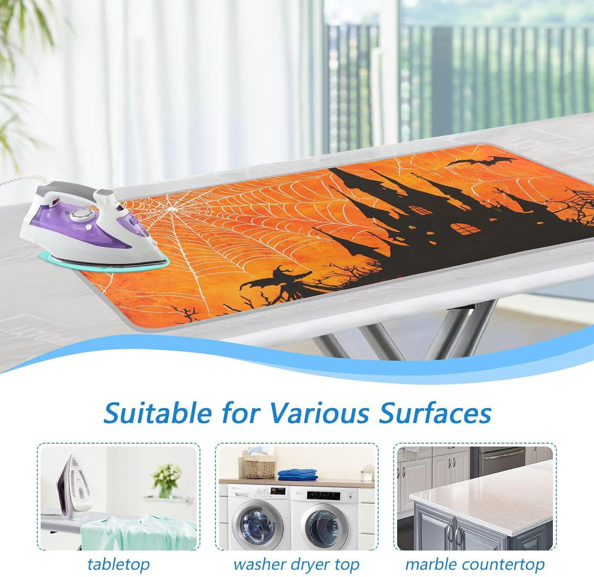 Orange Halloween Bat Castle 01 Ironing Mat for Table top Portable Ironing Pad Blanket for Washer