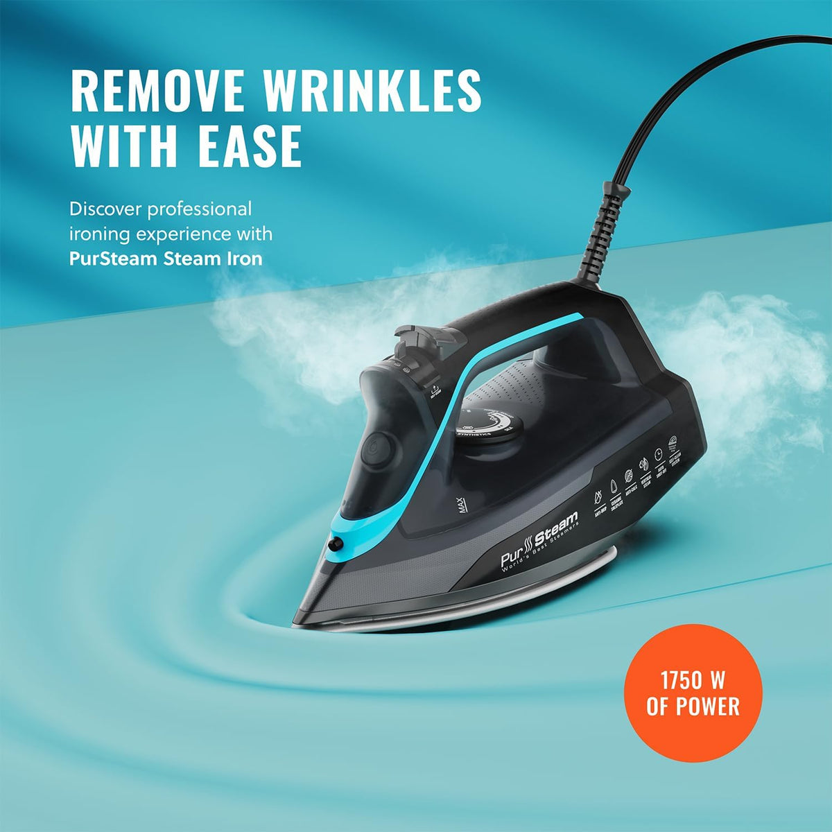 Pursteam SteamBurst+ 1750W Steam Iron, Ceramic Soleplate, Adjustable Steam, Burst of Steam