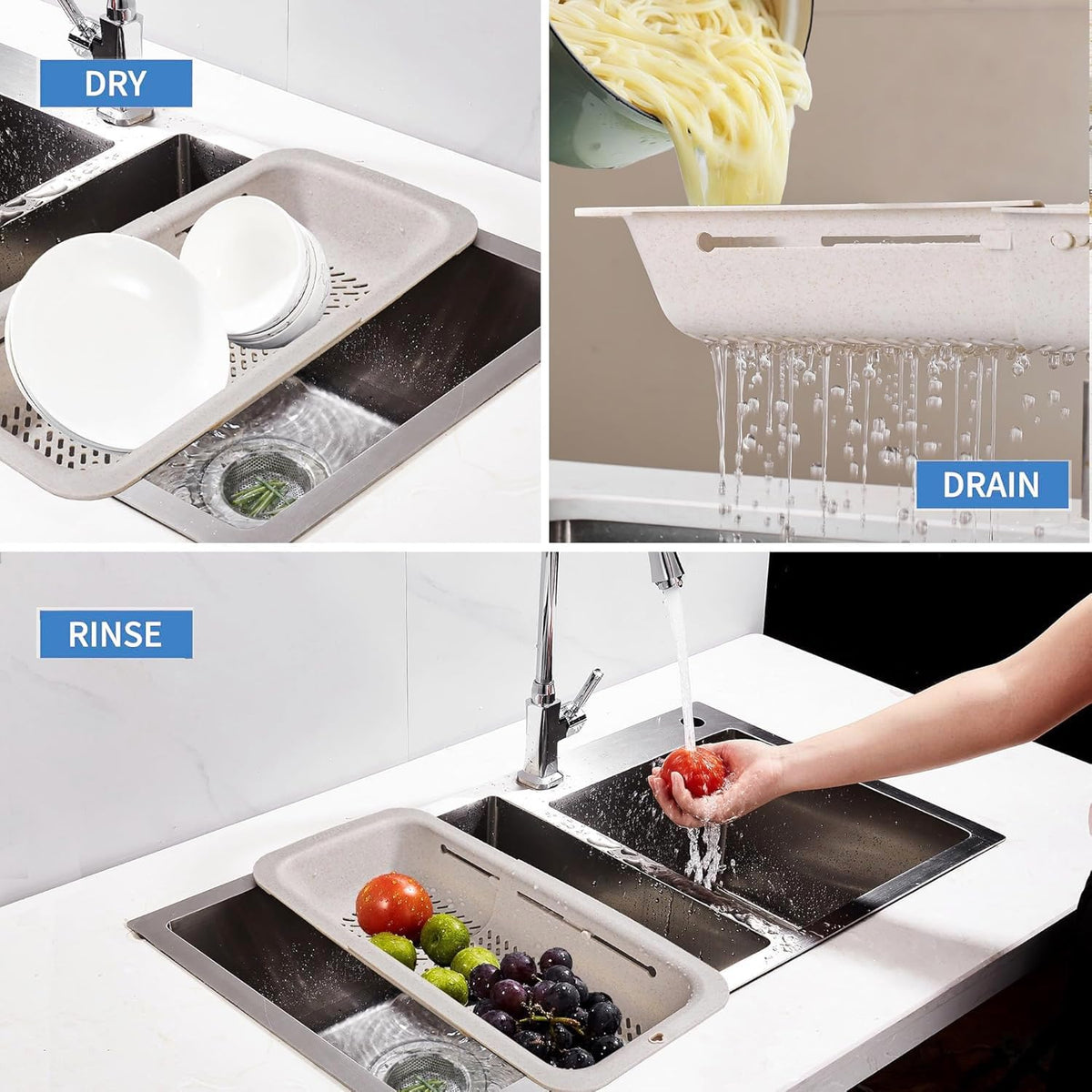 LASSHSWA Collapsible Colander and Strainer for Kitchen, Over the Sink Strainer Basket for Kitchen