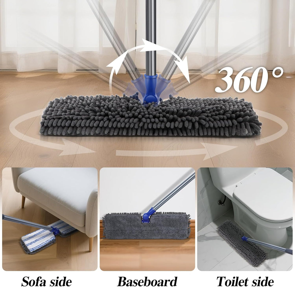 Two Sided Dust Mop Floor Cleaning System, MASTERTOP 360 Microfiber Mop with Stainless Steel