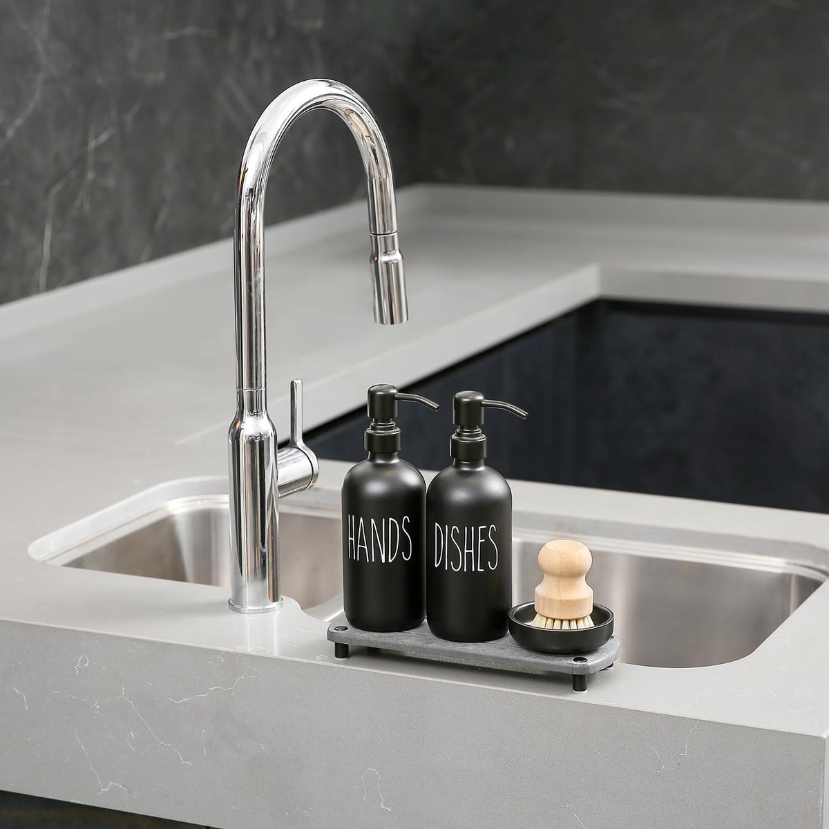 MOMEEMO Matte Black Soap Dispenser Set Comes with Stainless Steel Pumps, Instant Dry Tray, and Dish
