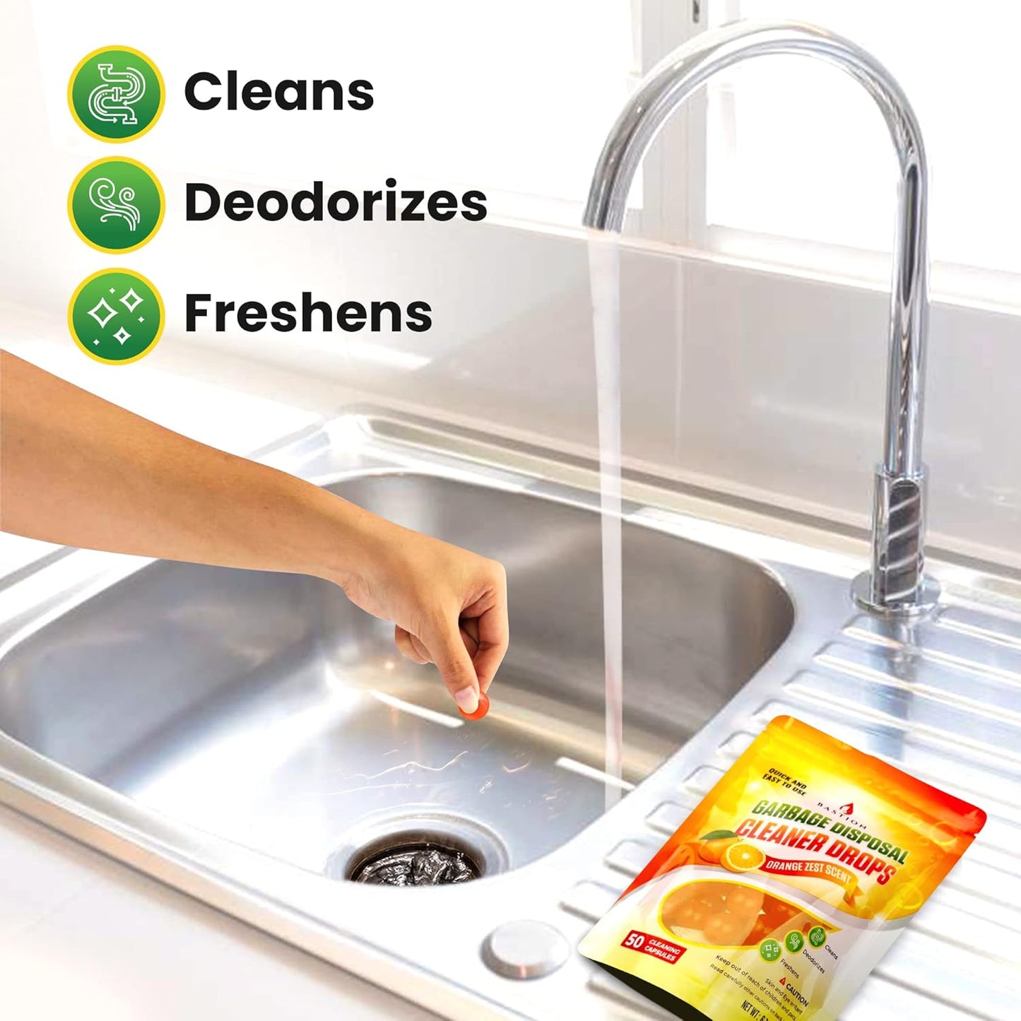 Bastion Garbage Disposal Cleaner and Deodorizer Drops- [[50-Count]] Orange Zest Scented Kitchen