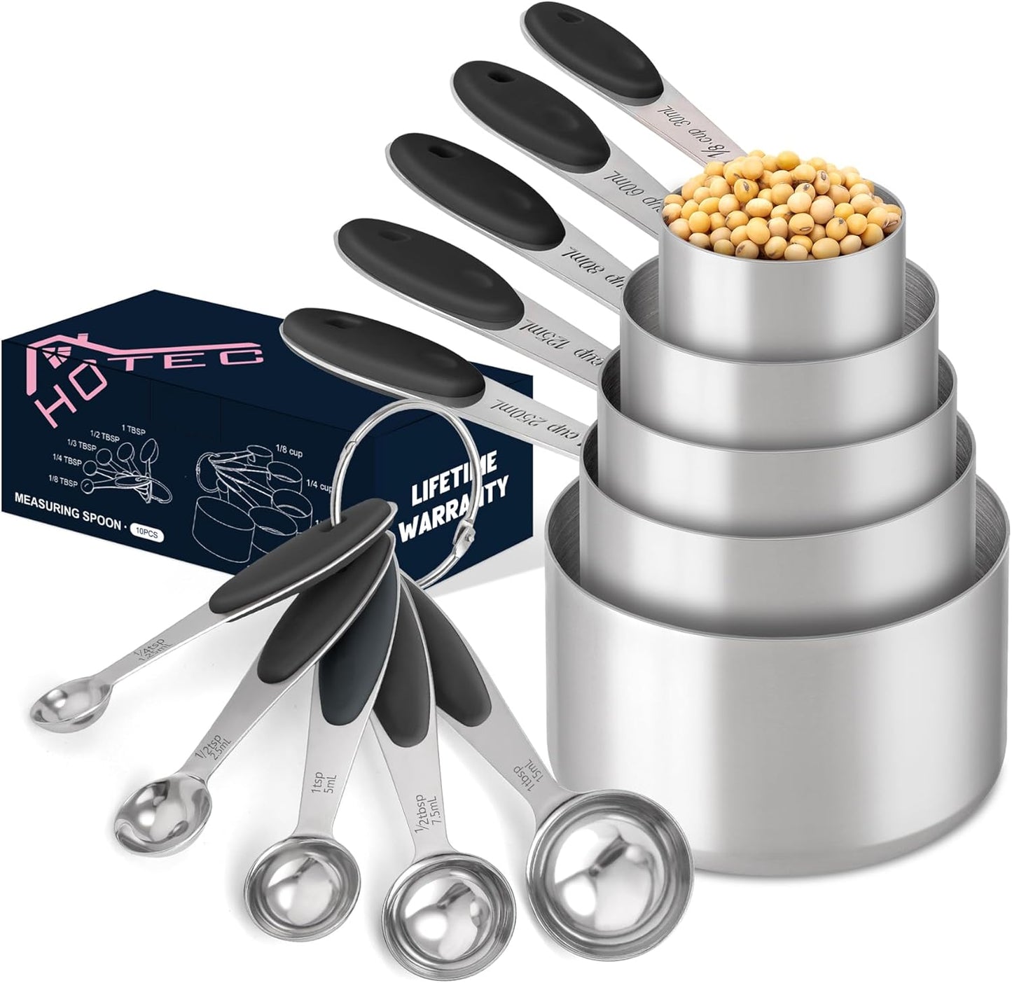 HOTEC 10-PACK Measuring Cups and Spoons Set, Kitchen Gadagets Cooking Baking,Heavy Duty &