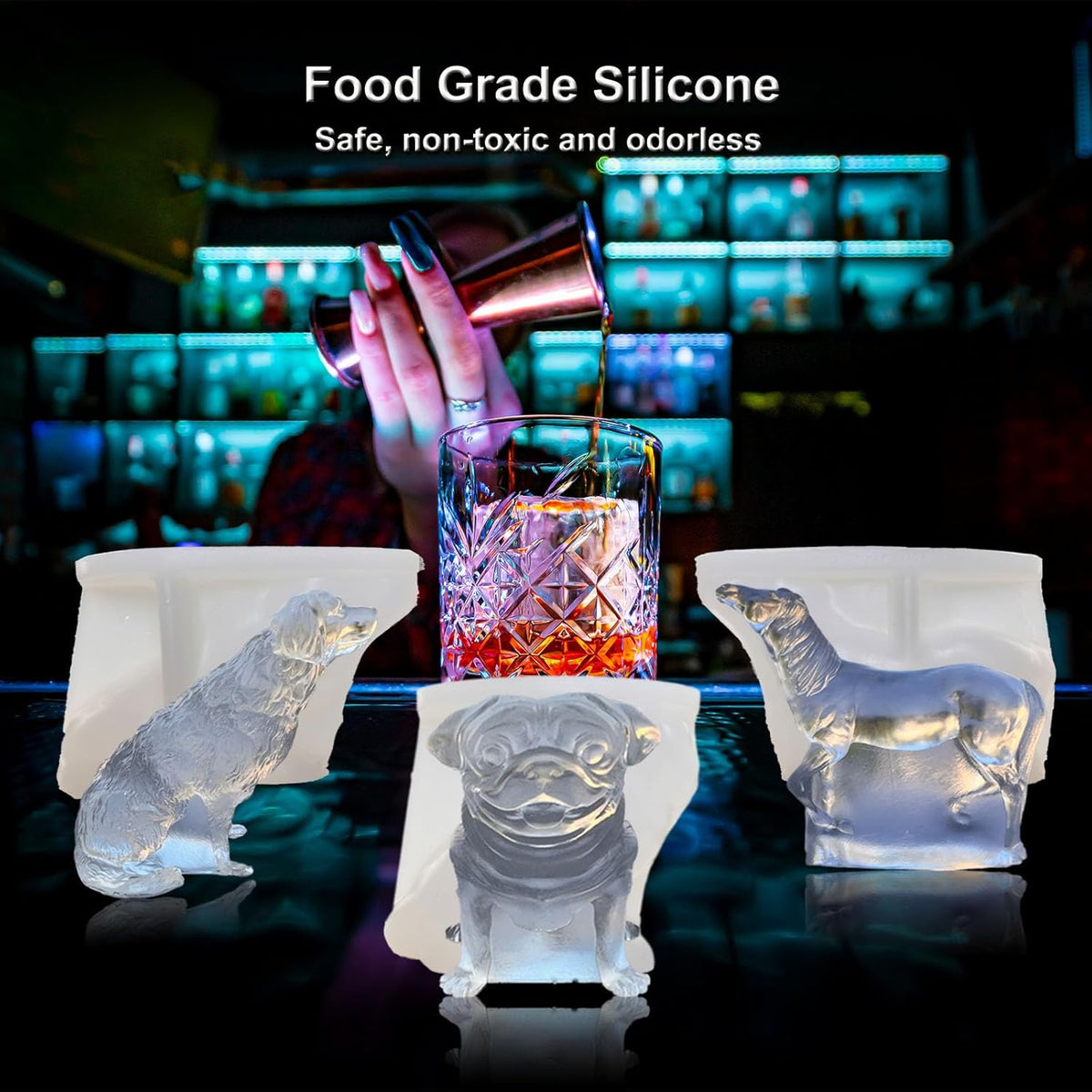 3D Pug Dog Ice Cube Silicone Molds Tray for Whiskey, Cocktail, Drink Decor, Bar; Rich Details. Fun