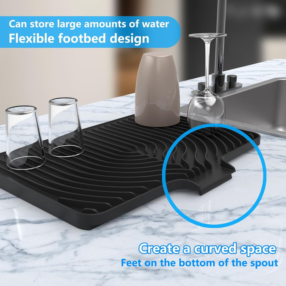 Kitchen Drying Mat for sink with a bulged edge,18"×12"Silicone Dish Drying Mat with built-in Drain