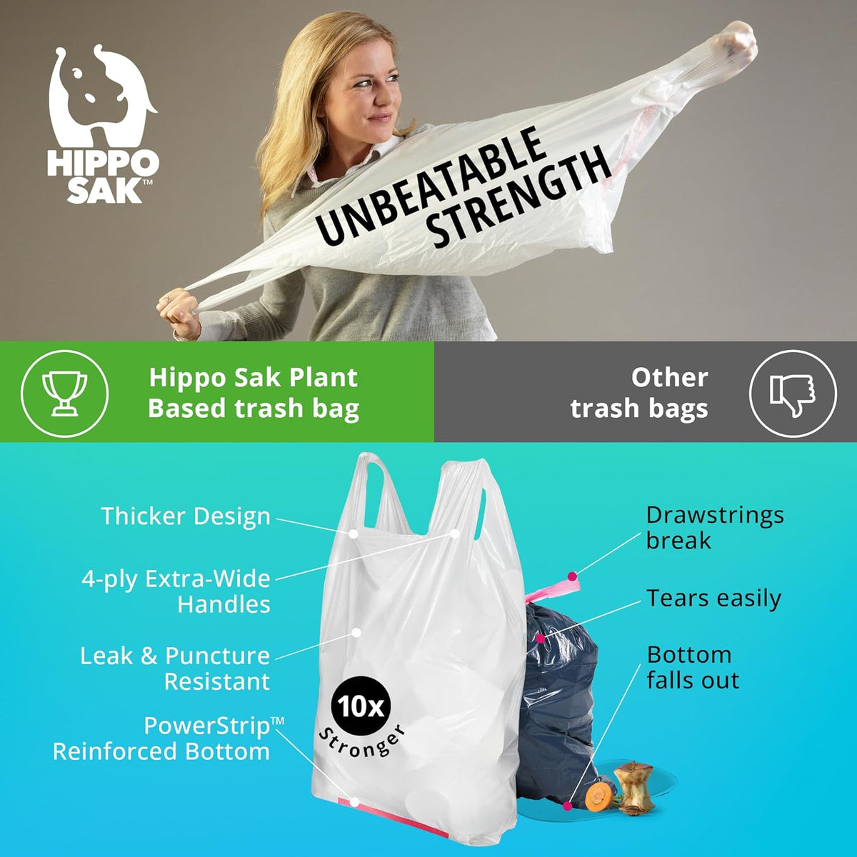 Hippo Sak - Plant Based Tall Kitchen Garbage Bags with Ergonomic Handles - 13 Gallon Trash Bags