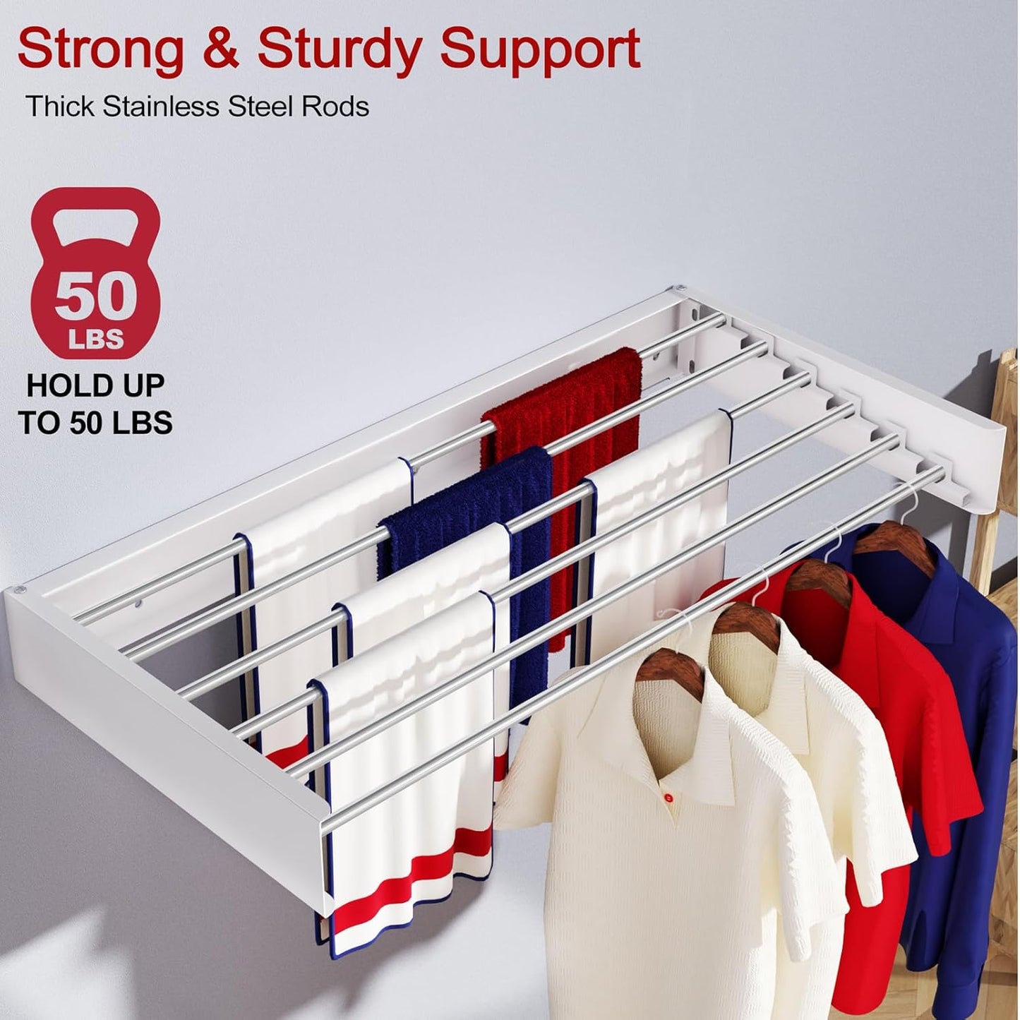 Wall Mounted Drying Rack 40", Foldable Laundry Drying Rack with Stainless Steel Rods, Retractable