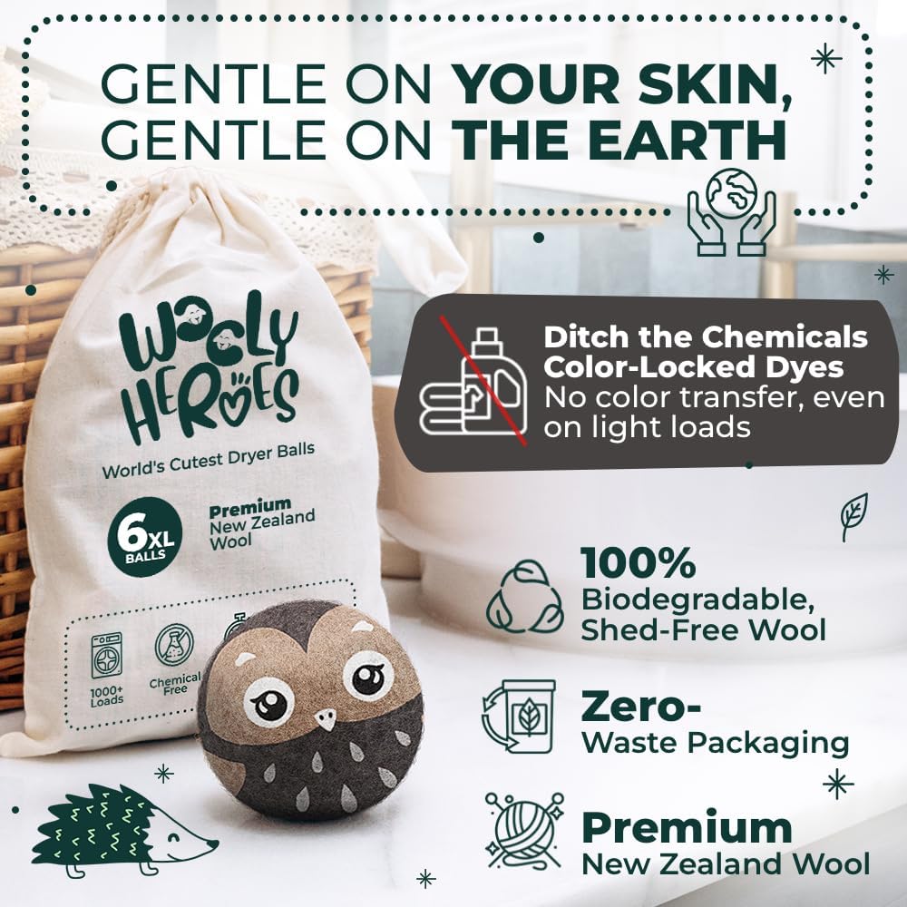 No More Dryer Sheets! Reusable Wool Dryer Balls XL 6-Pack - Reduces Static, Cuts Dry Time, &
