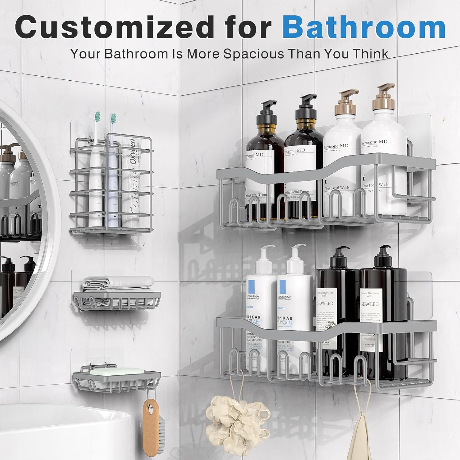 EUDELE 5-Pack Rustproof Stainless Steel Shower Caddy – No Drill Adhesive Bathroom Organizer with