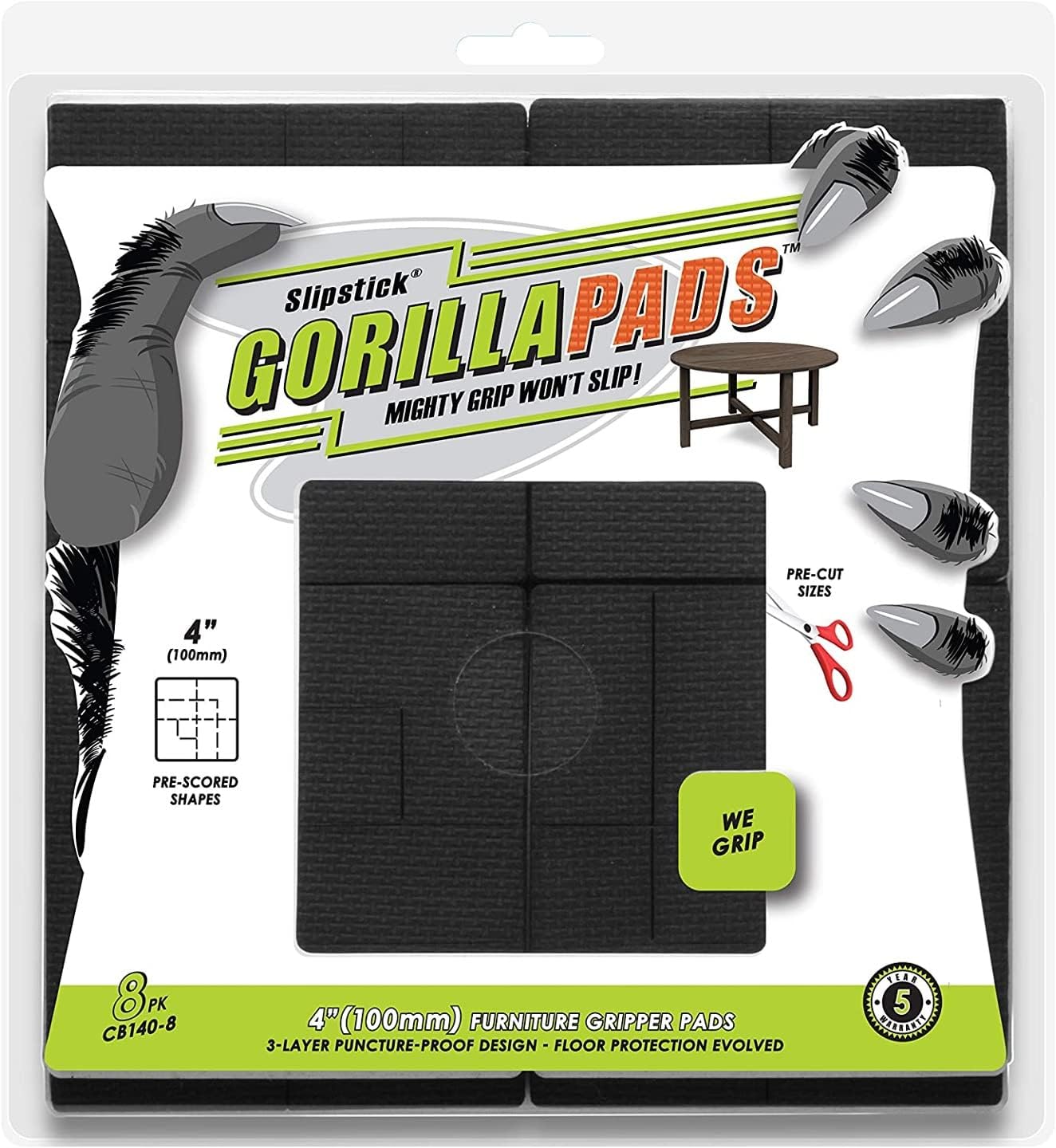 GorillaPads Non Slip Furniture Pads/Floor Grippers (Set of 8 Non Skid Floor Protectors) Pre-Scored