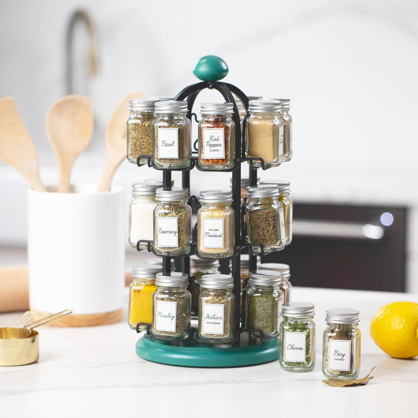 Orii Adrinova 24 Jar Revolving Spice Rack with Spices Included, Spice Organizer for Kitchen