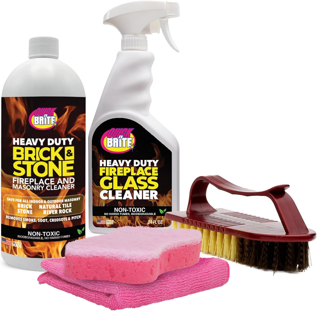 Quick N Brite Fireplace Cleaning Kit – Includes 24 oz Fireplace Glass Cleaner, 32 oz Gel Fireplace