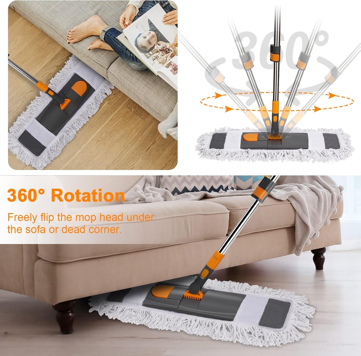 MASTERTOP Dust Mop for Floor Cleaning, Microfiber Floor Mop with 2 Washable Pads, Height Adjustable