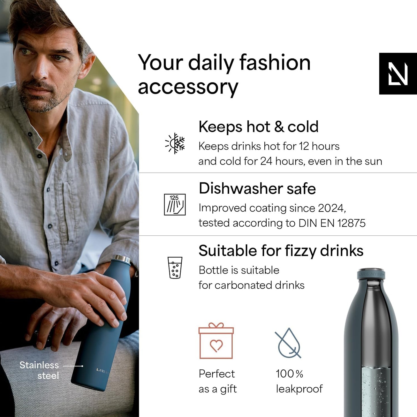 LARS NYSØM Stainless Steel Insulated XL Water Bottle 12oz 17oz 25oz 34oz 51oz | Insulated Thermo