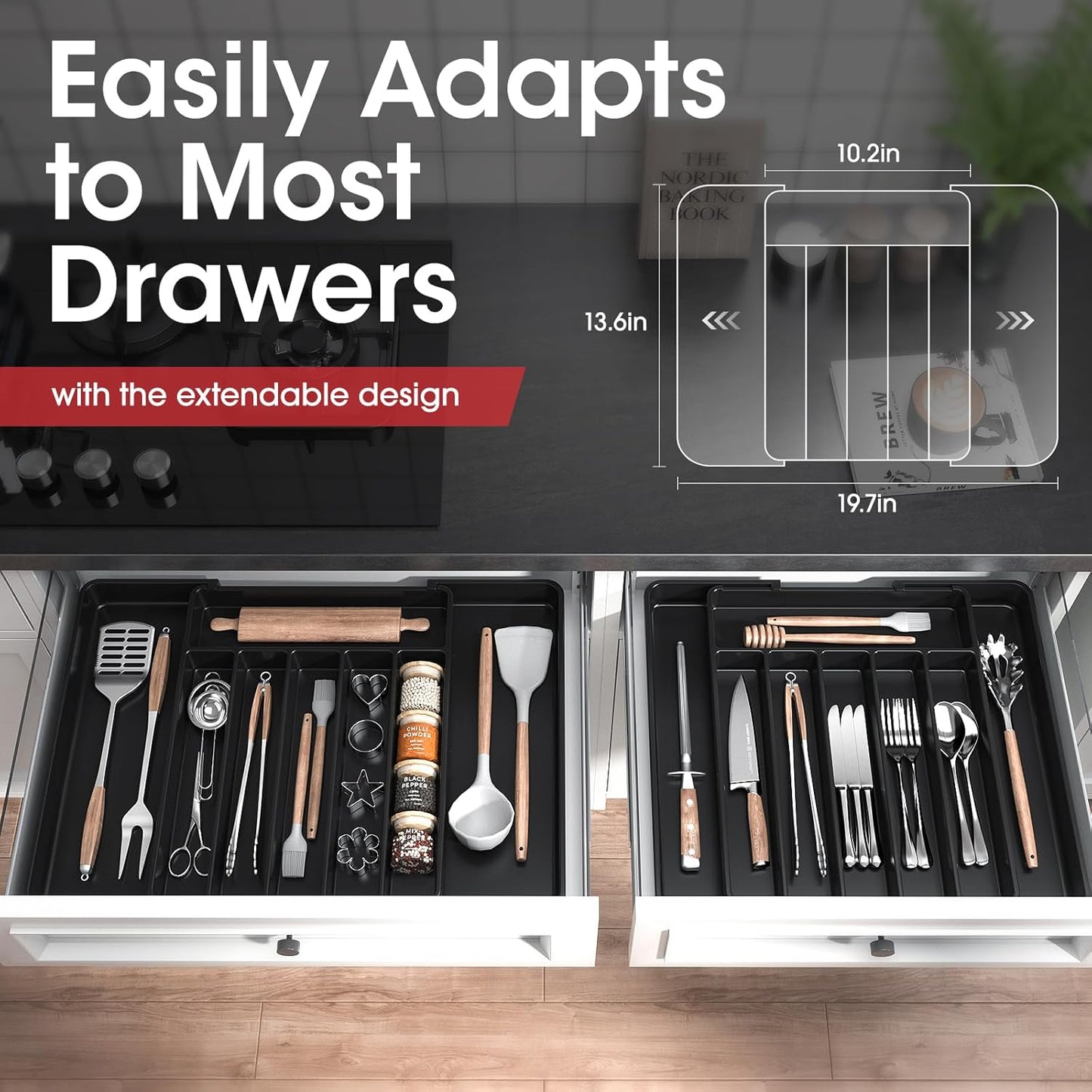 Aujen Silverware Organizer - Expandable Kitchen Drawer Organizer, Adjustable Utensil Organizer