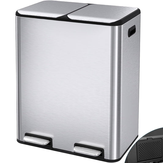 Arlopu 16Gal Dual Trash Can w/2 Built-in Box for Odor Control, Hands-Free Kitchen Garbage Bin