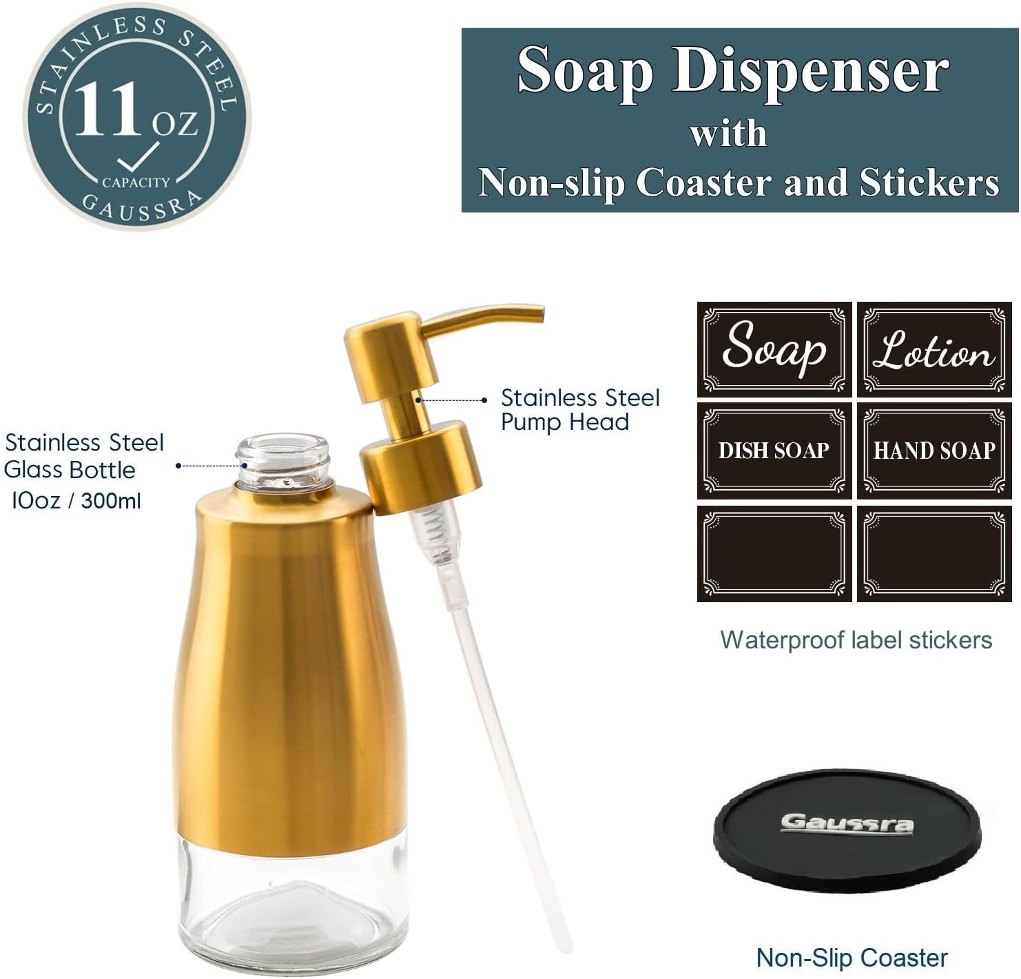 Gaussra Soap Dispenser with Coaster and Stickers, Brushed Gold Stainless Steel Glass Hand Pump