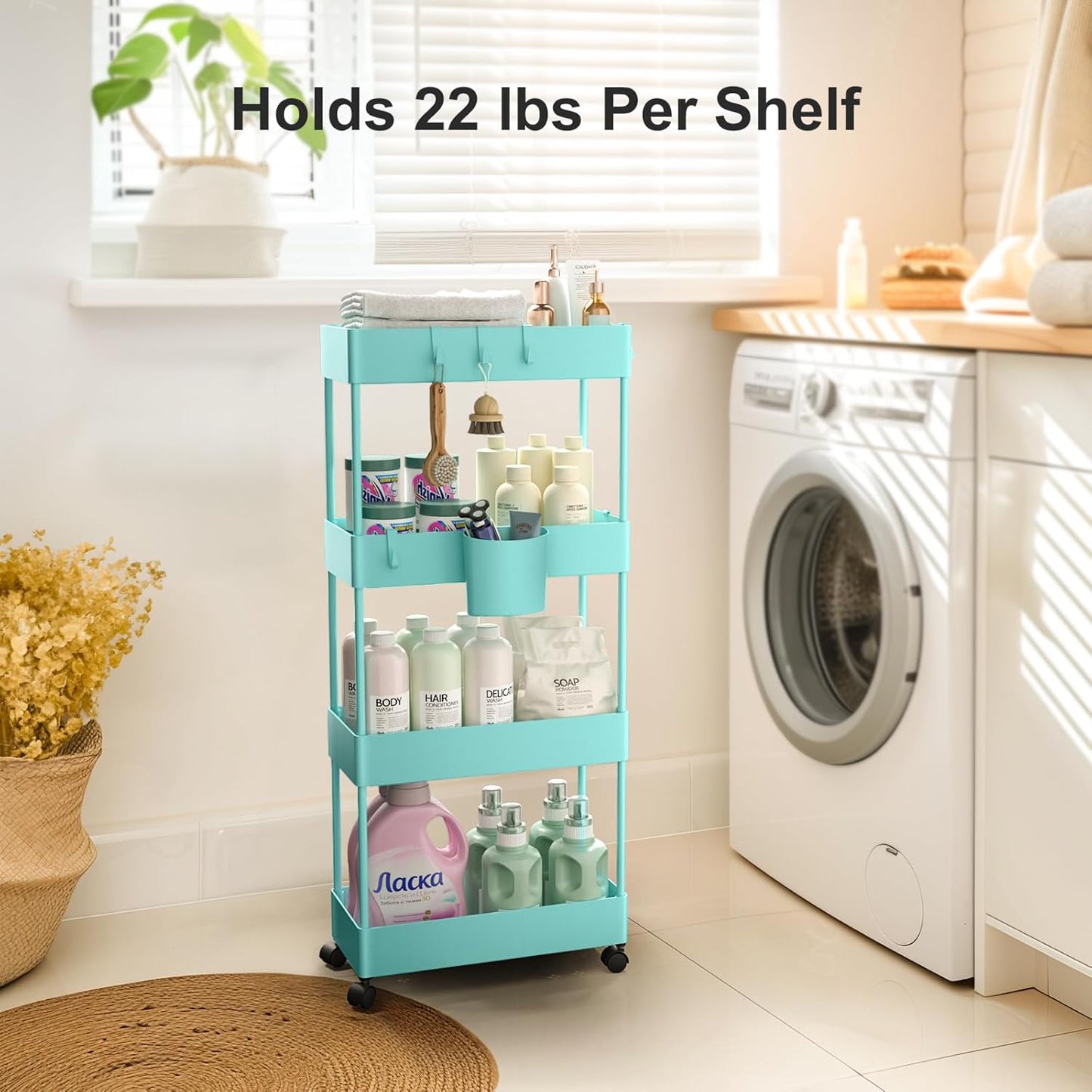 Pipishell Slim Storage Cart with Wheels, 4 Tier Bathroom Storage Organizer Rolling Utility Cart for