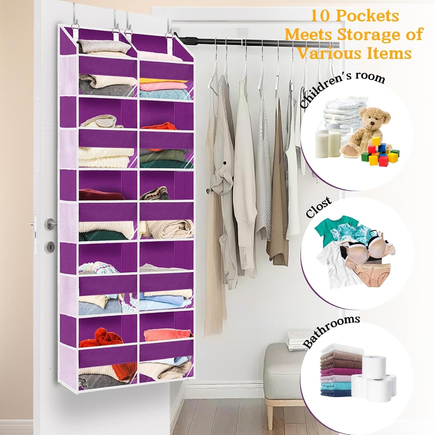 Over The Door Organizer 5 Tiers, Extra Large Behind Door Storage of 10 Compartments, 80 lbs Weight
