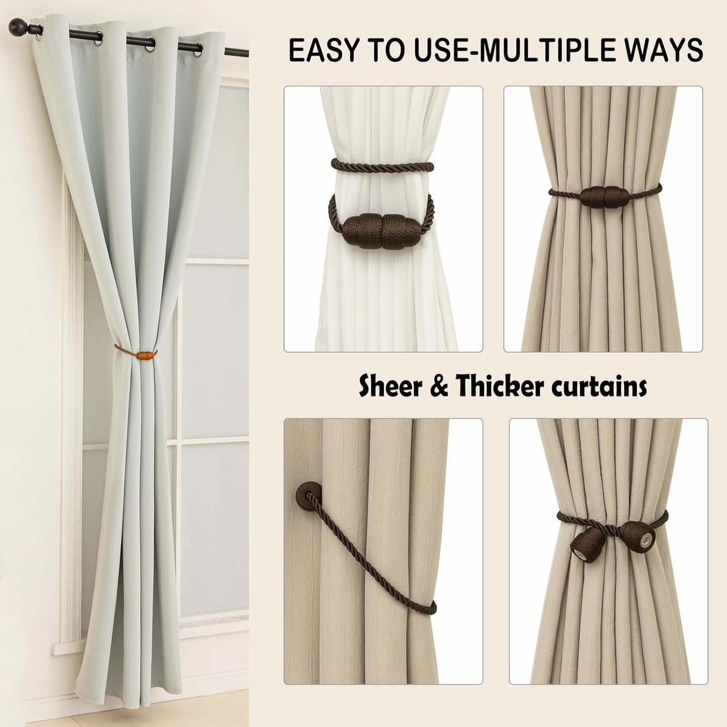 Magnetic Curtain Tiebacks Rope Curtain Tie Backs for Curtains 8 Pack Curtain Holders for Drapes