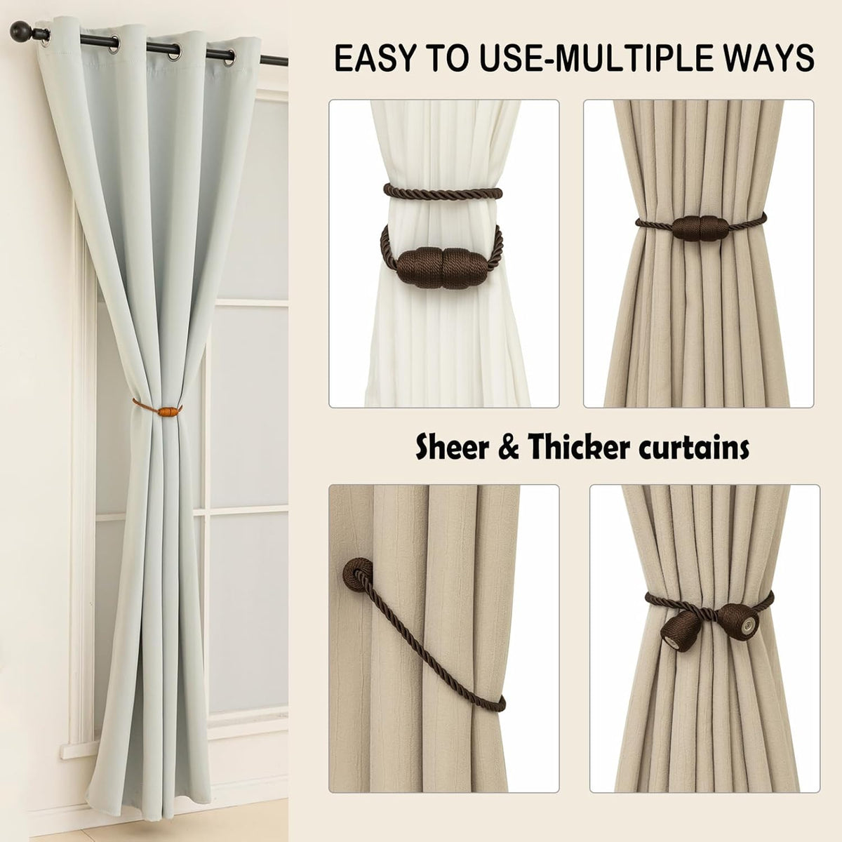 Magnetic Curtain Tiebacks Rope Curtain Tie Backs for Curtains 2 Pack Curtain Holders for Drapes