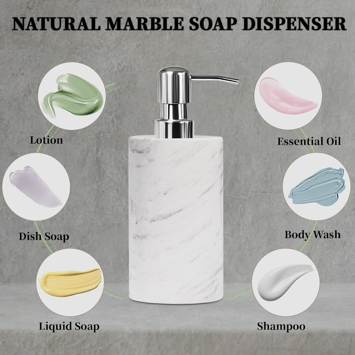 Marble Soap Dispenser with Stainless Steel Pump, White Hand Liquid Soap Dispenser, 6 Ounces for