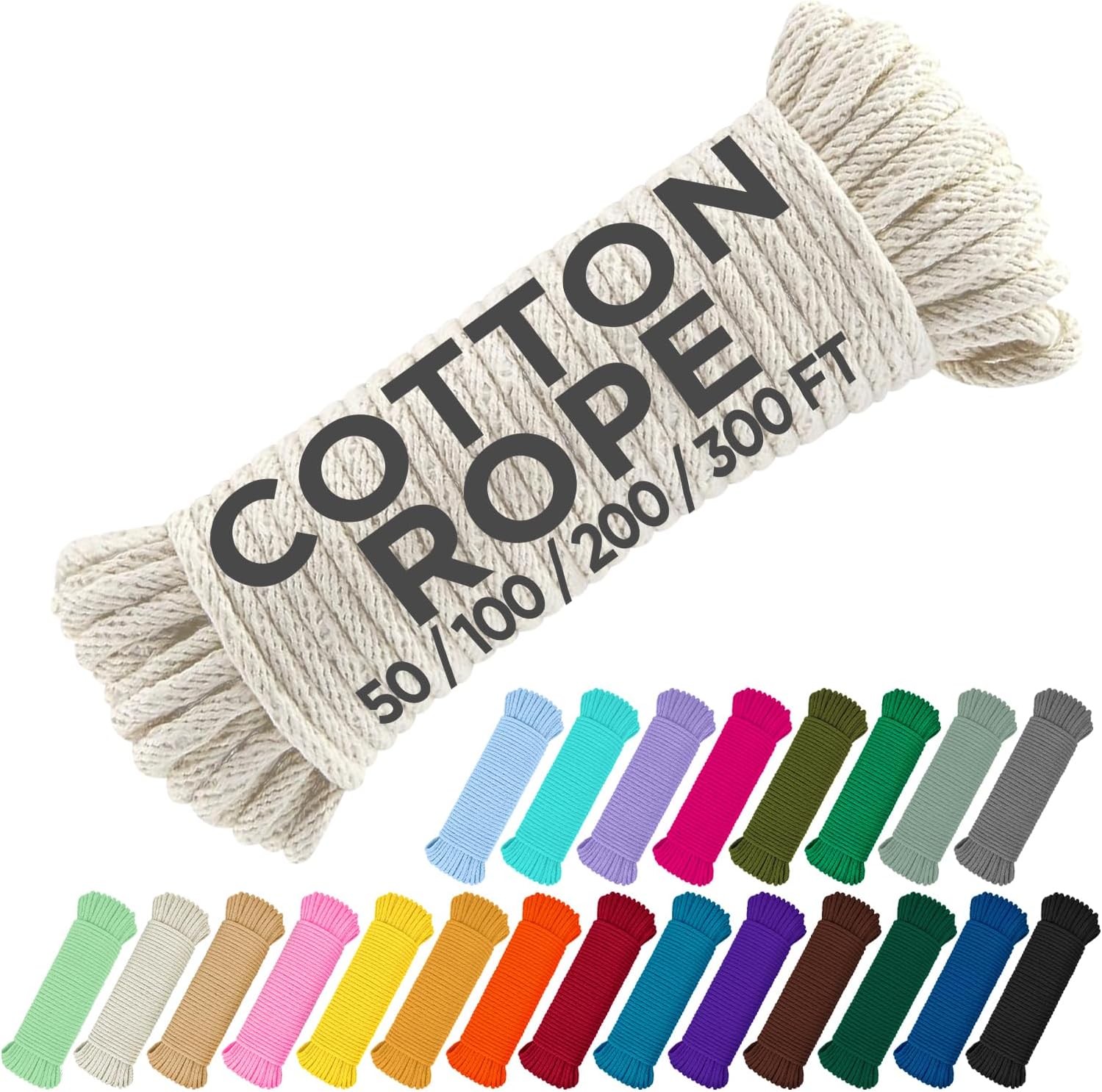 TECEUM Cotton Rope 3/16” (5 mm) – 200 FT – Strong All-Purpose Braided Rope – Natural Cotton – for