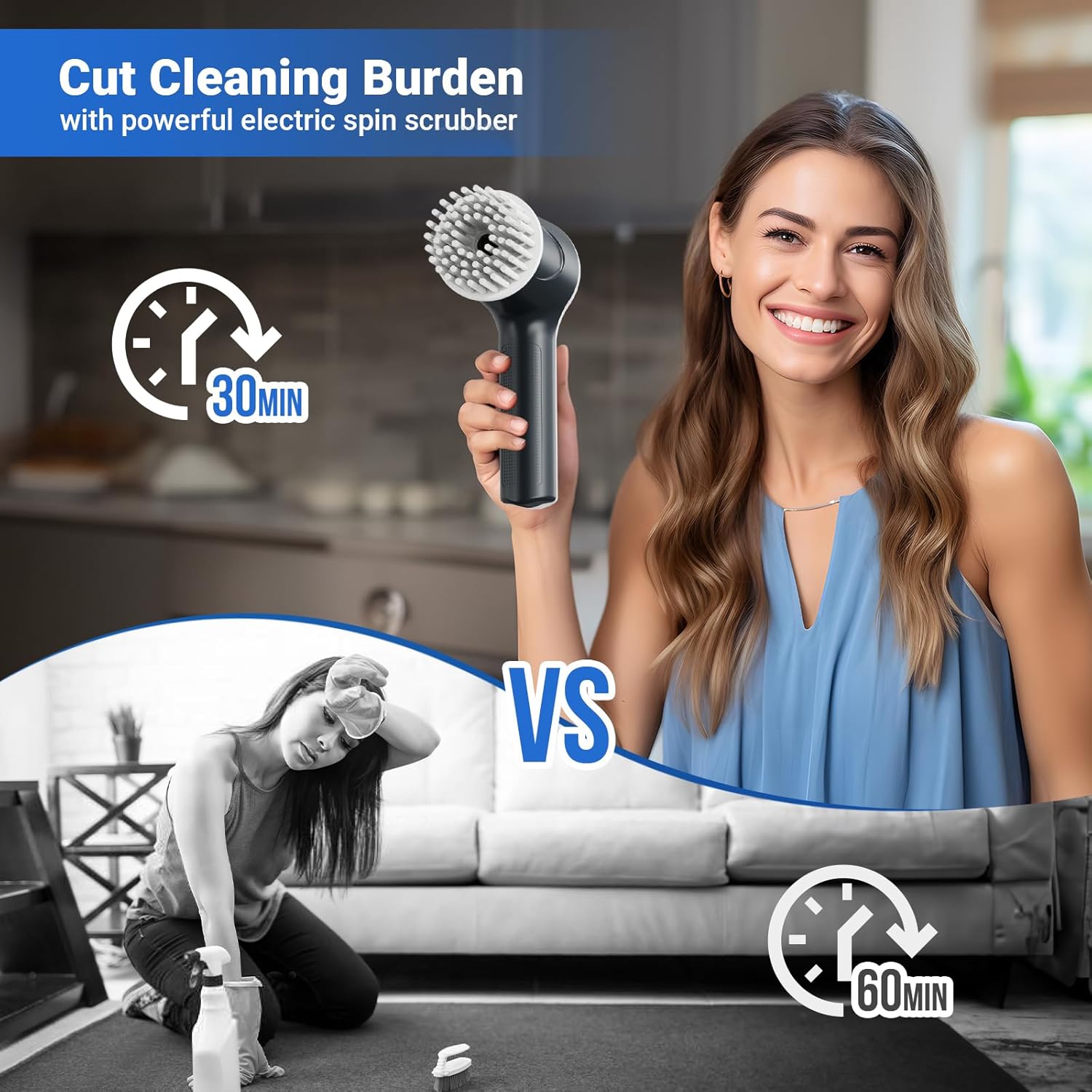 Electric Spin Scrubber, Cordless Shower Scrubber with Battery Level Display, 2 Speeds Electric