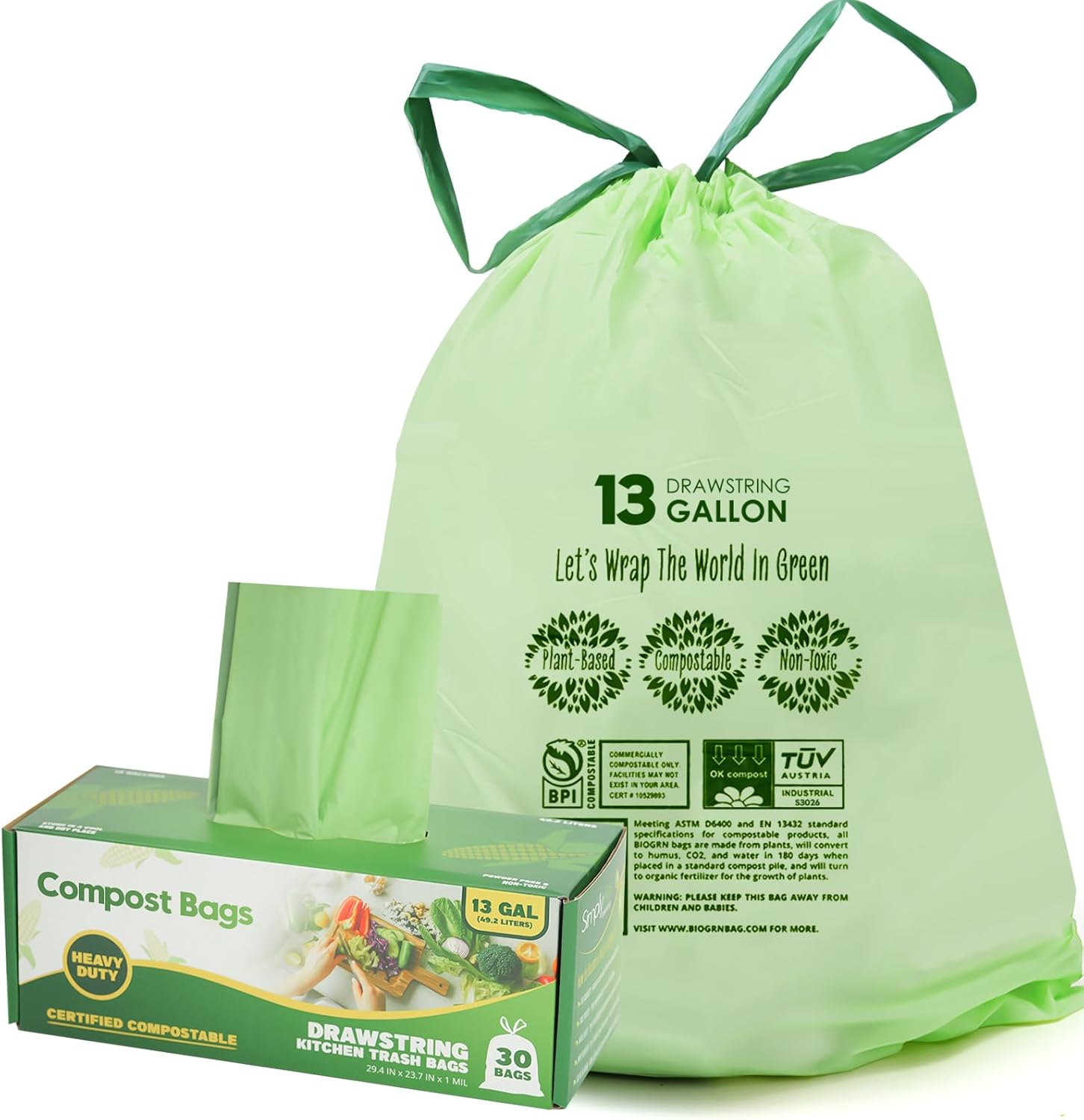 10-13 Gallon Compostable Trash Bags with Drawstring, Heavy Duty Extra Thick 1 Mil, 49.21 Liter